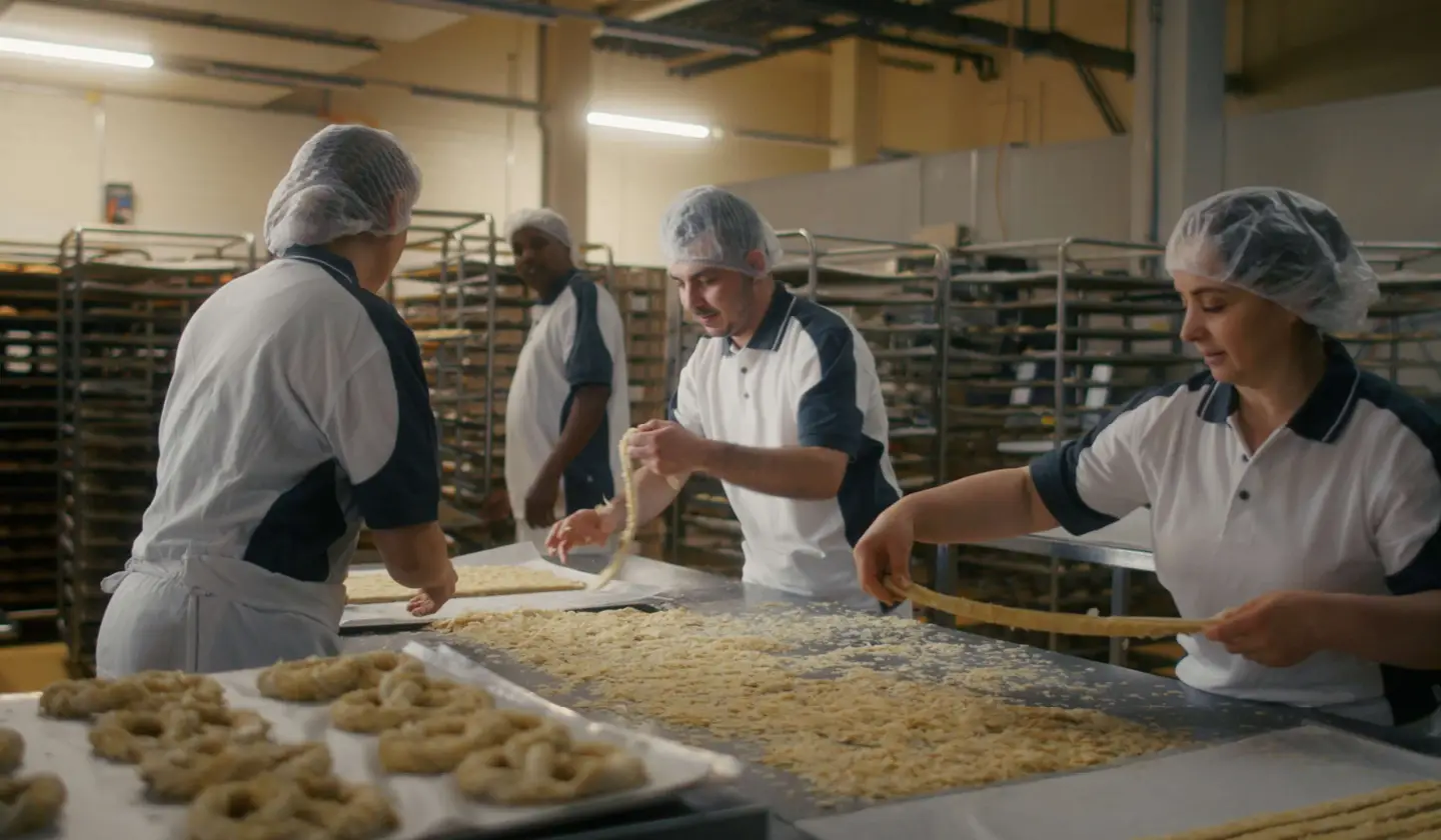 Bäckerteam verarbeitet Teigstränge in der Backstube.